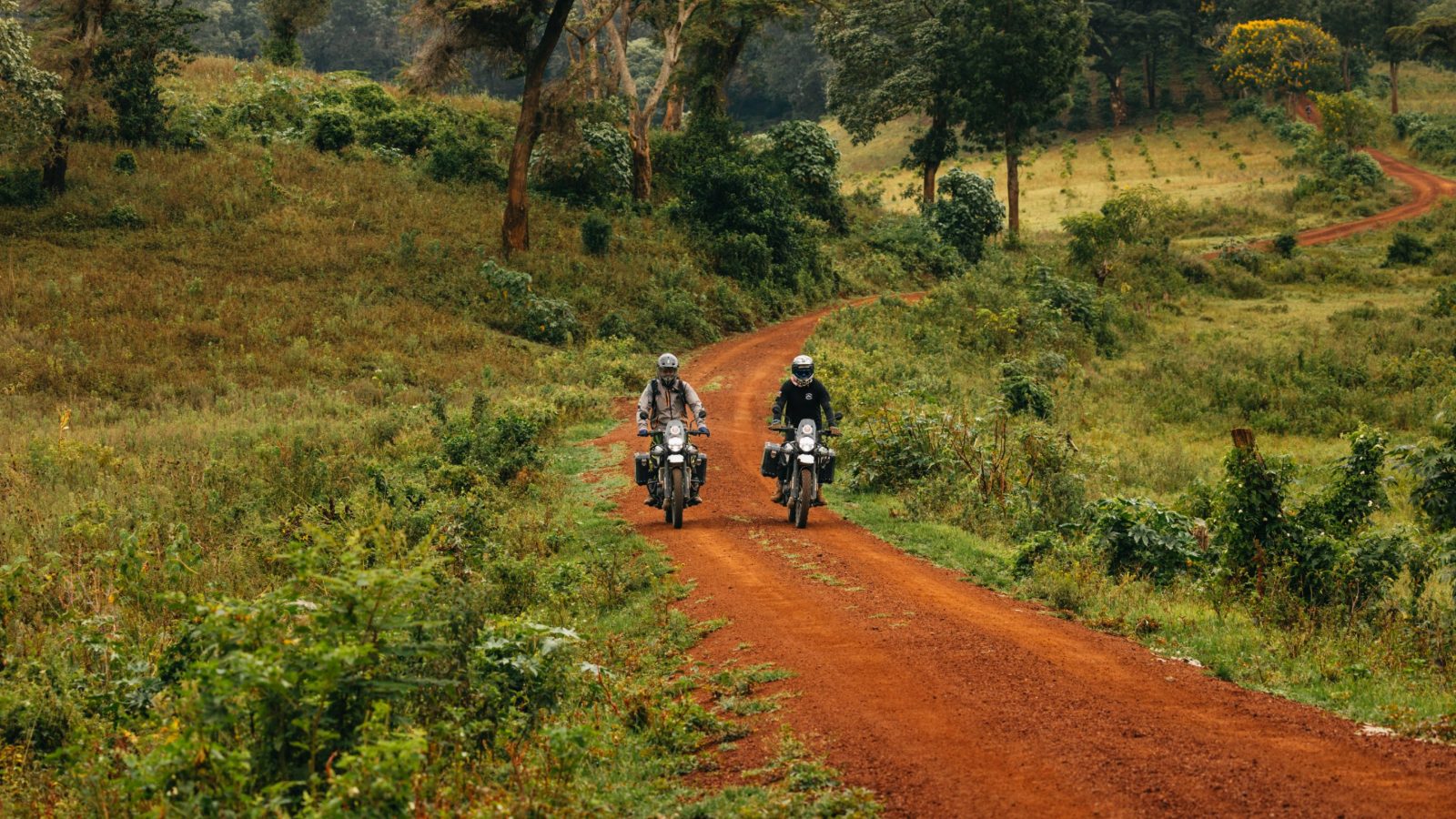 Deux motards sur leurs Royal Enfield Himalayan 450 sur une piste de terre rouge au milieu de la végétation, Tanzanie