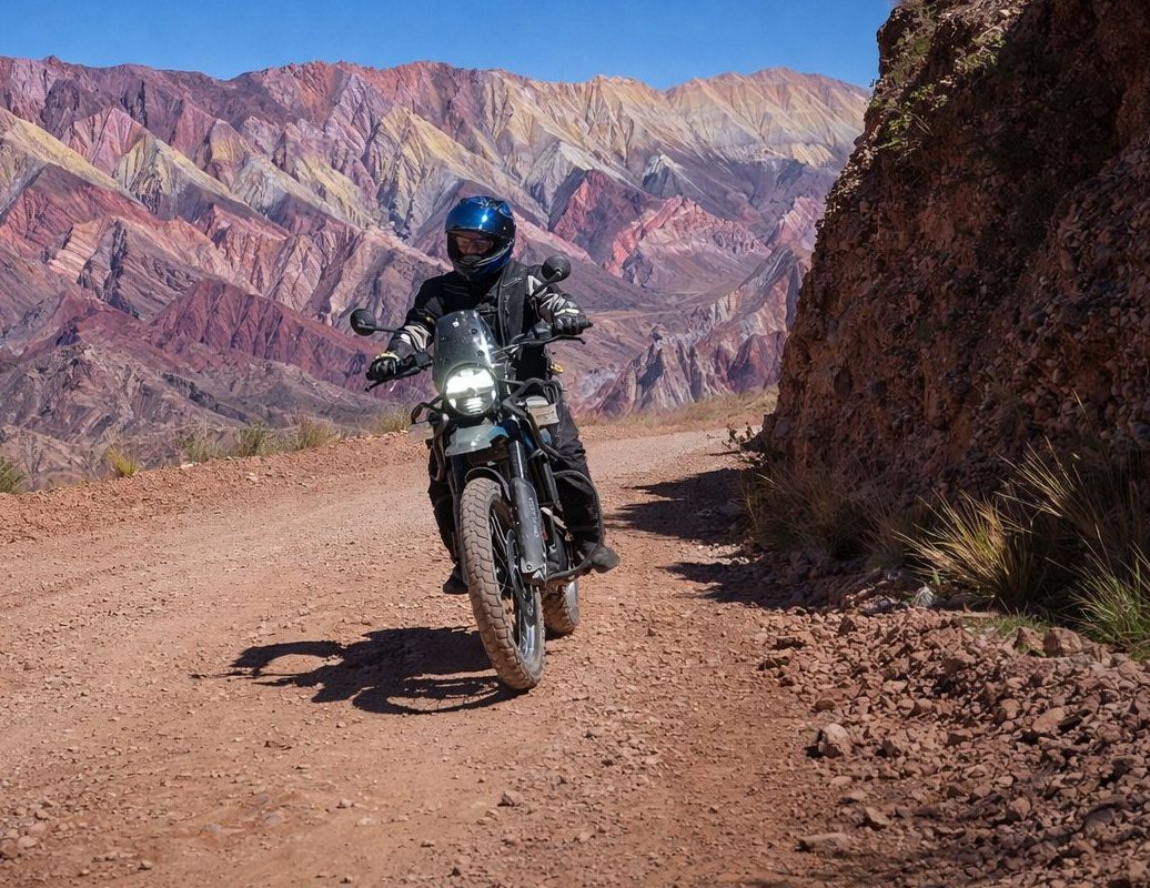 Motard sur une Royal Enfield Himalayan 450 face aux montagnes colorées de la Serranía de Hornocal, Argentine
